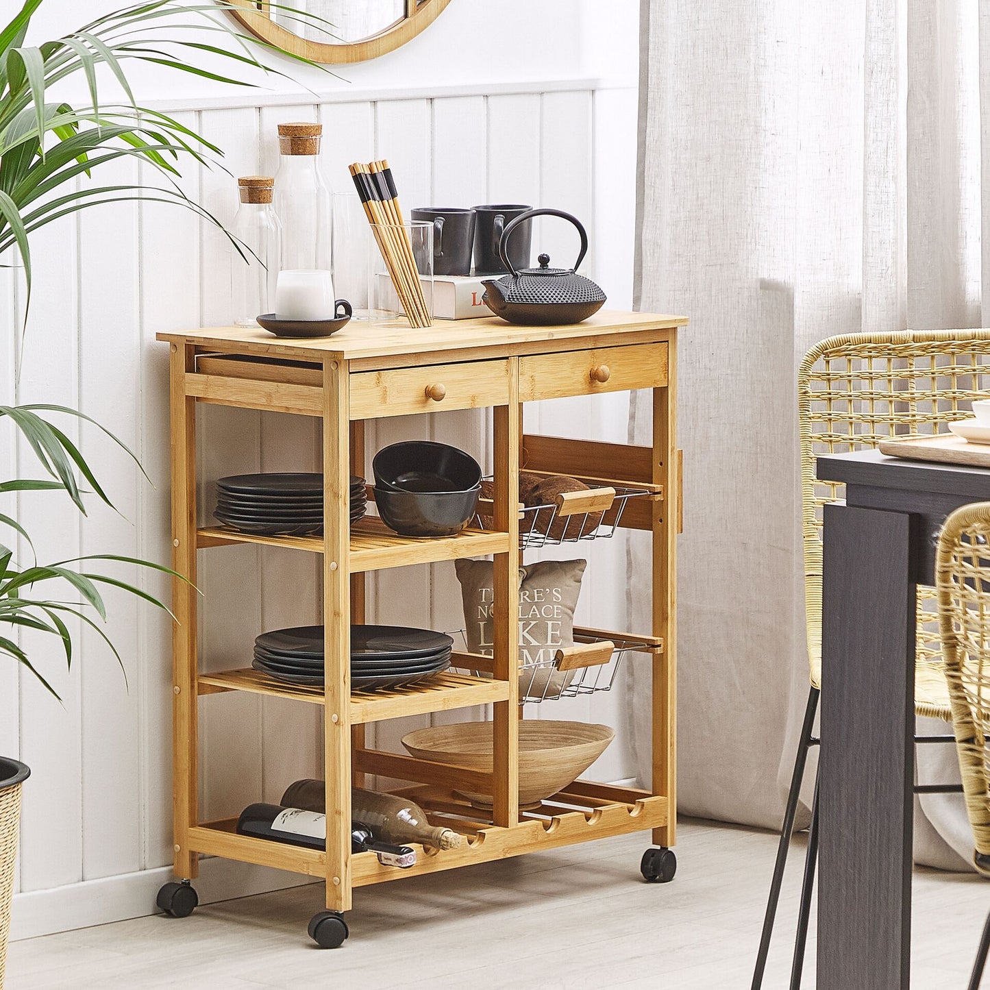 Kitchen Trolley Light Brown With Wheels Wine Rack Cart For Dining Room Movable