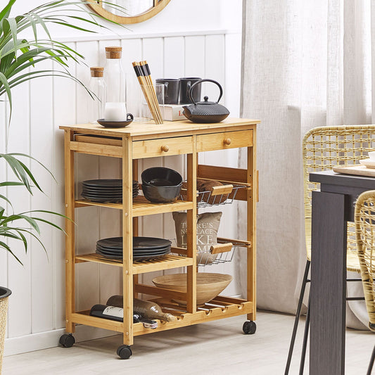Kitchen Trolley Light Brown With Wheels Wine Rack Cart For Dining Room Movable