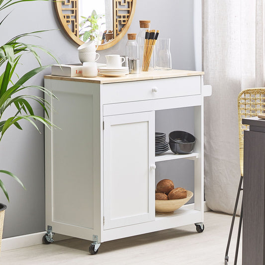 CasaNova Kitchen Trolley White MDF Rubberwood 2 Shelves 75x43x87cm
