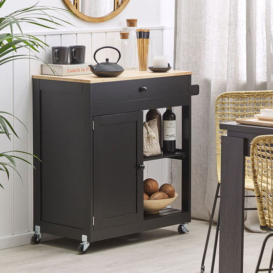 CountryHouse Kitchen Trolley Black MDF Rubberwood 75x43x87 Two Shelves