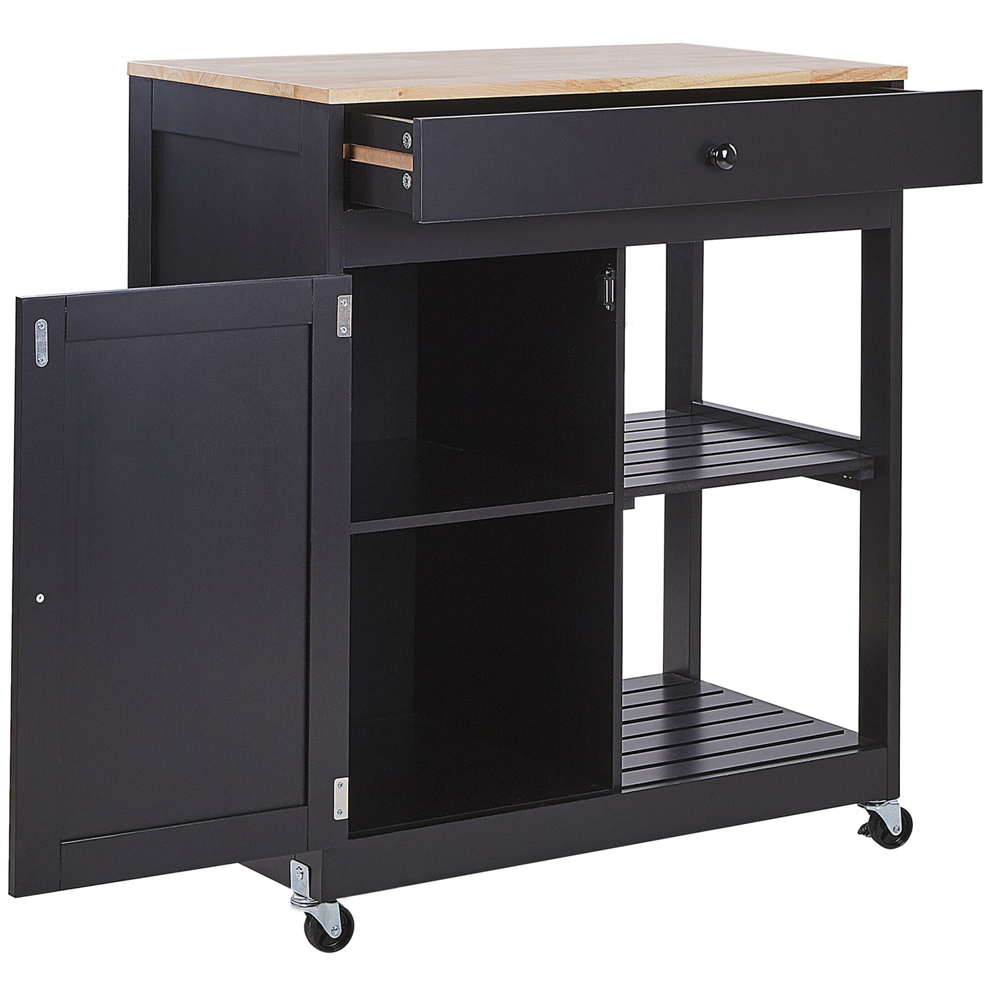 CountryHouse Kitchen Trolley Black MDF Rubberwood 75x43x87 Two Shelves