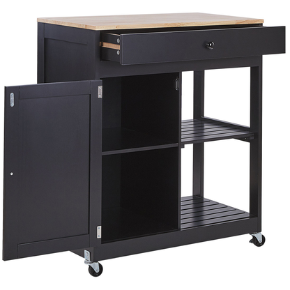 CountryHouse Kitchen Trolley Black MDF Rubberwood 75x43x87 Two Shelves