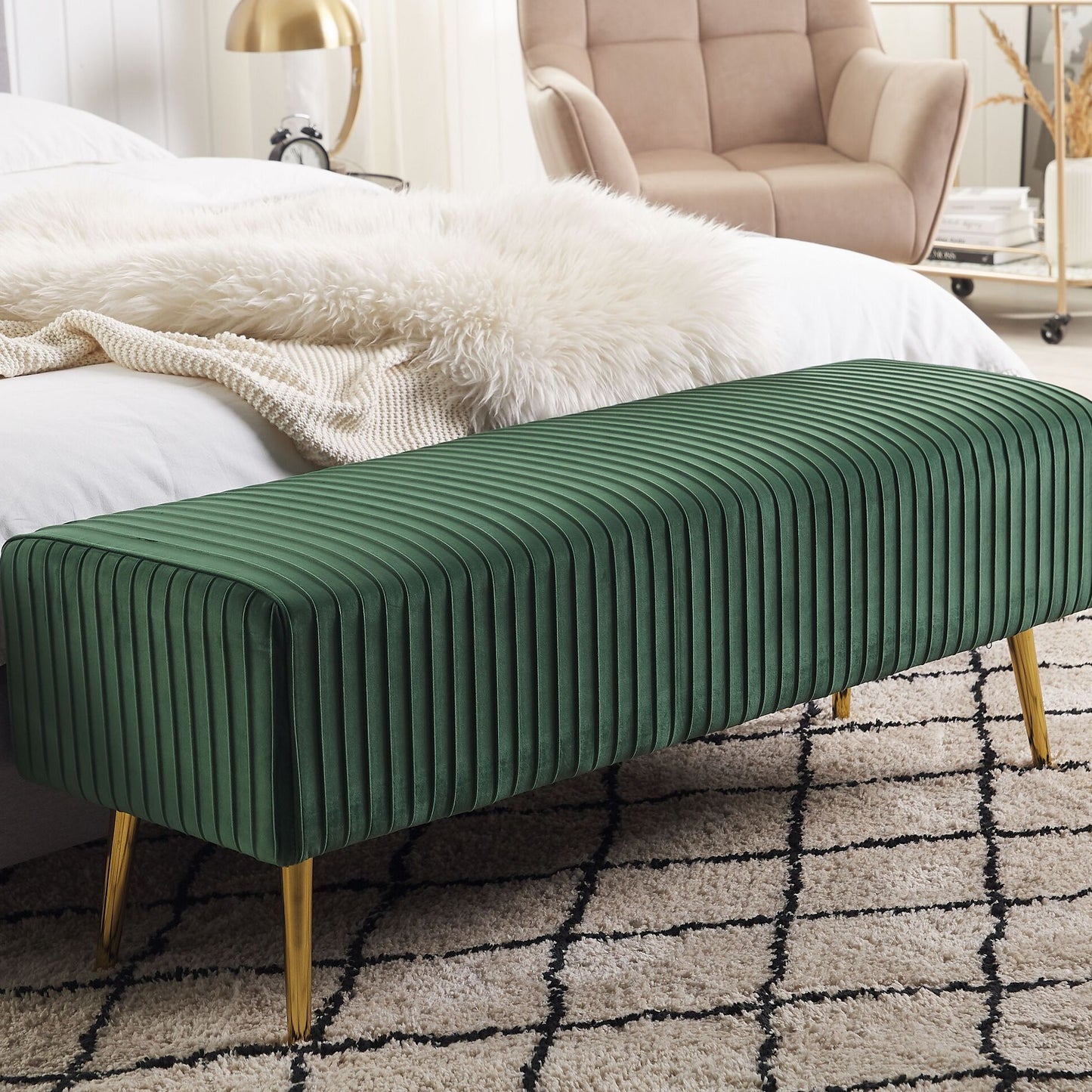 Bench Emerald Green Velvet Upholstered Gold Metal Legs 118 x 40cm For Living Room