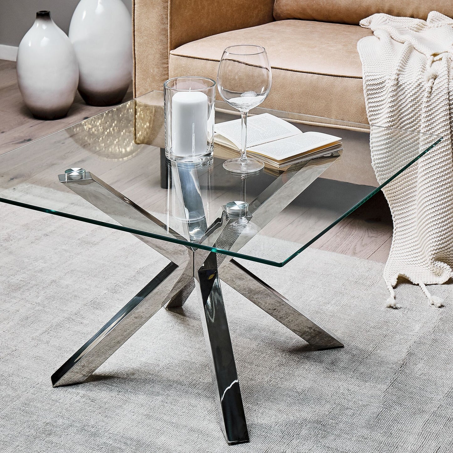 Home Silver Glass Coffee Table 70 x 70 Modern Metal Legs