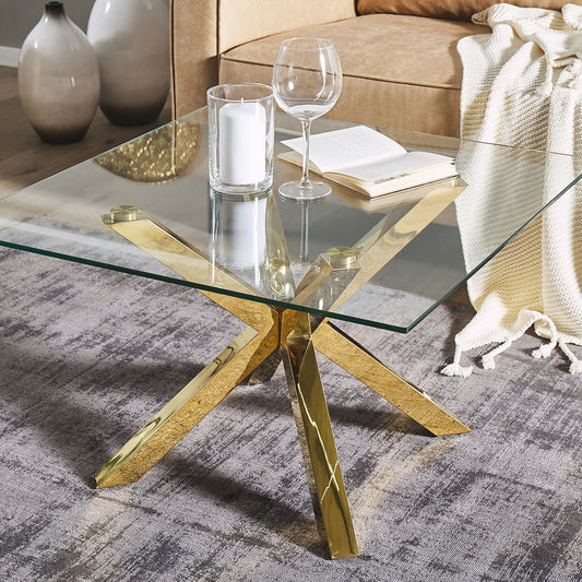 Gold Glass Coffee Table 70 x 70cm With Glossy Metal Legs