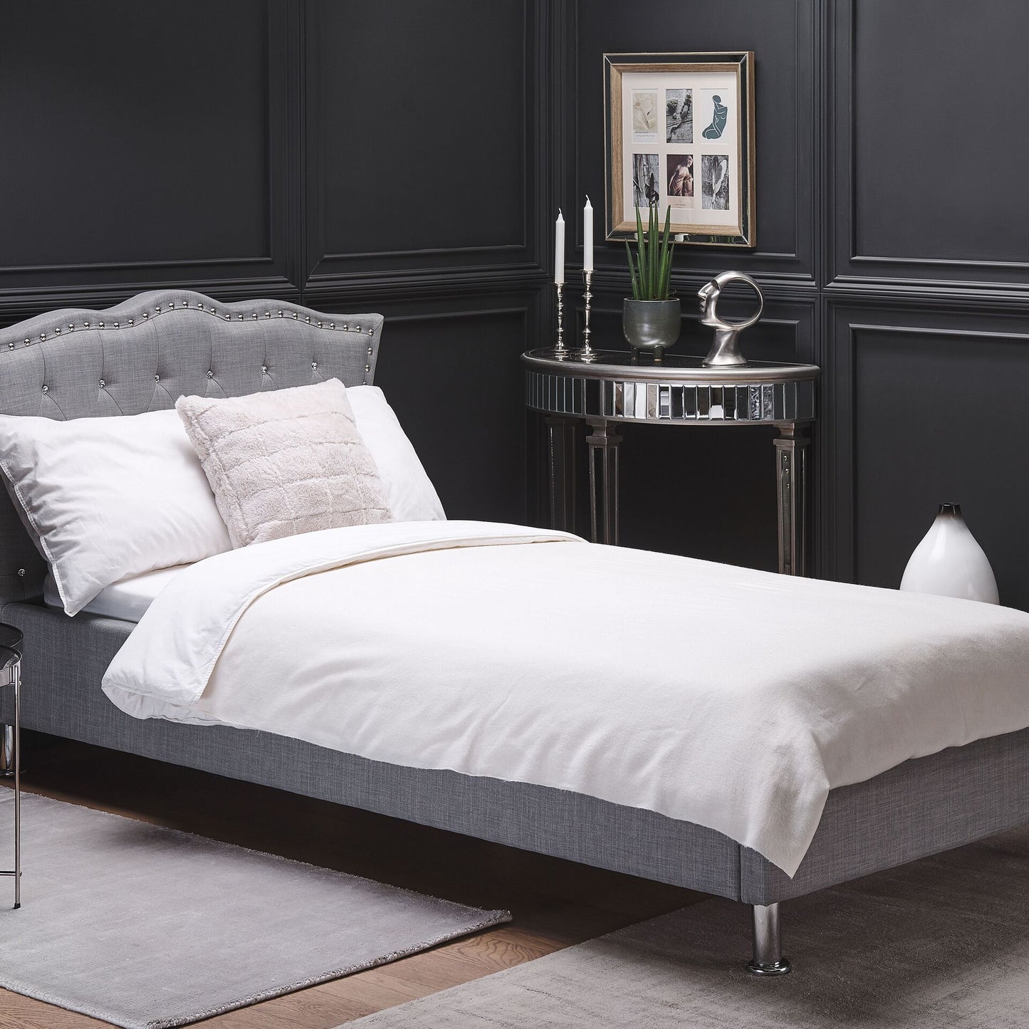 EU Single Size Bed Grey Fabric 3ft Upholstered Frame Nailhead Trim Crystal Button Tufted Headboard