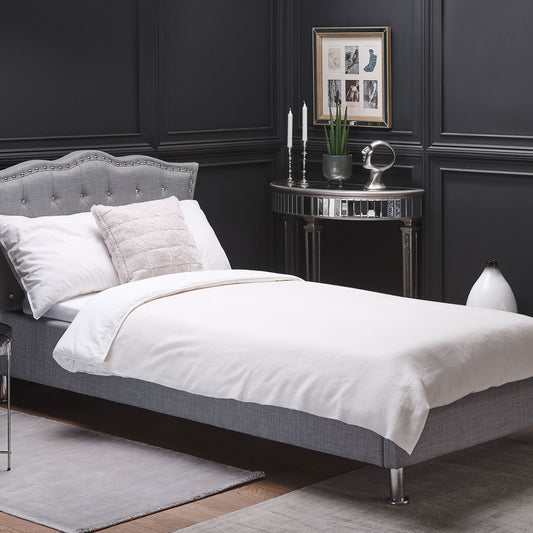 EU Single Size Bed Grey Fabric 3ft Upholstered Frame Nailhead Trim Crystal Button Tufted Headboard