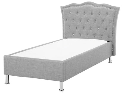EU Single Size Bed Grey Fabric 3ft Upholstered Frame Nailhead Trim Crystal Button Tufted Headboard