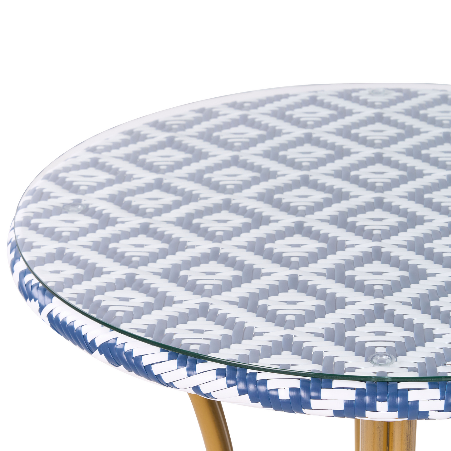 Gardenia Outdoor Table Blue White PE Rattan 70cm Glass Aluminum