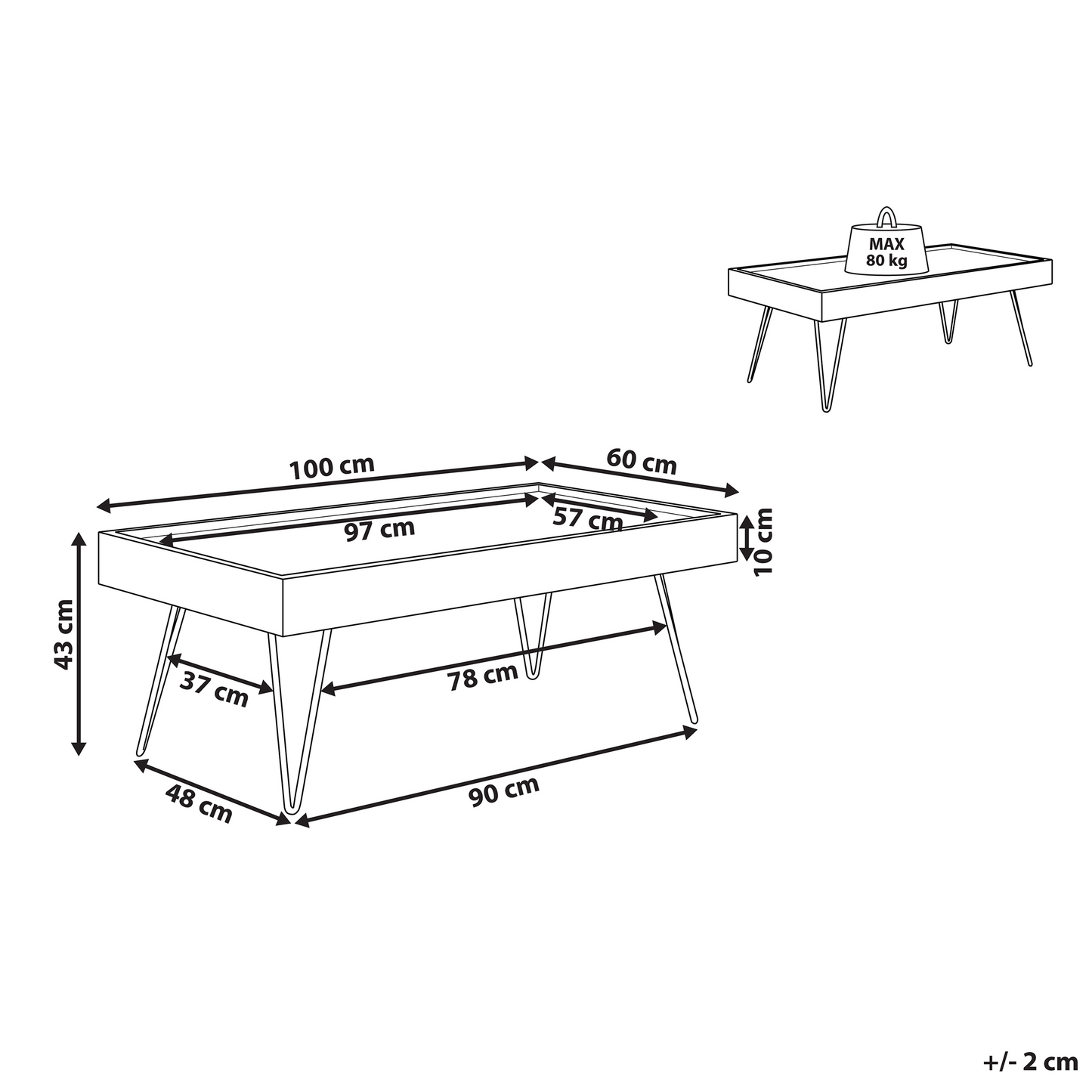 Coffee Table Brown Wood Raised Edges 100 x 60 Hairpin Legs