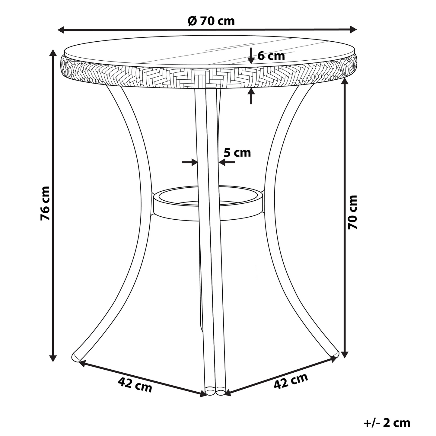 Garden Table Black And White PE Rattan Top 70cm Glass Aluminum Frame Outdoor
