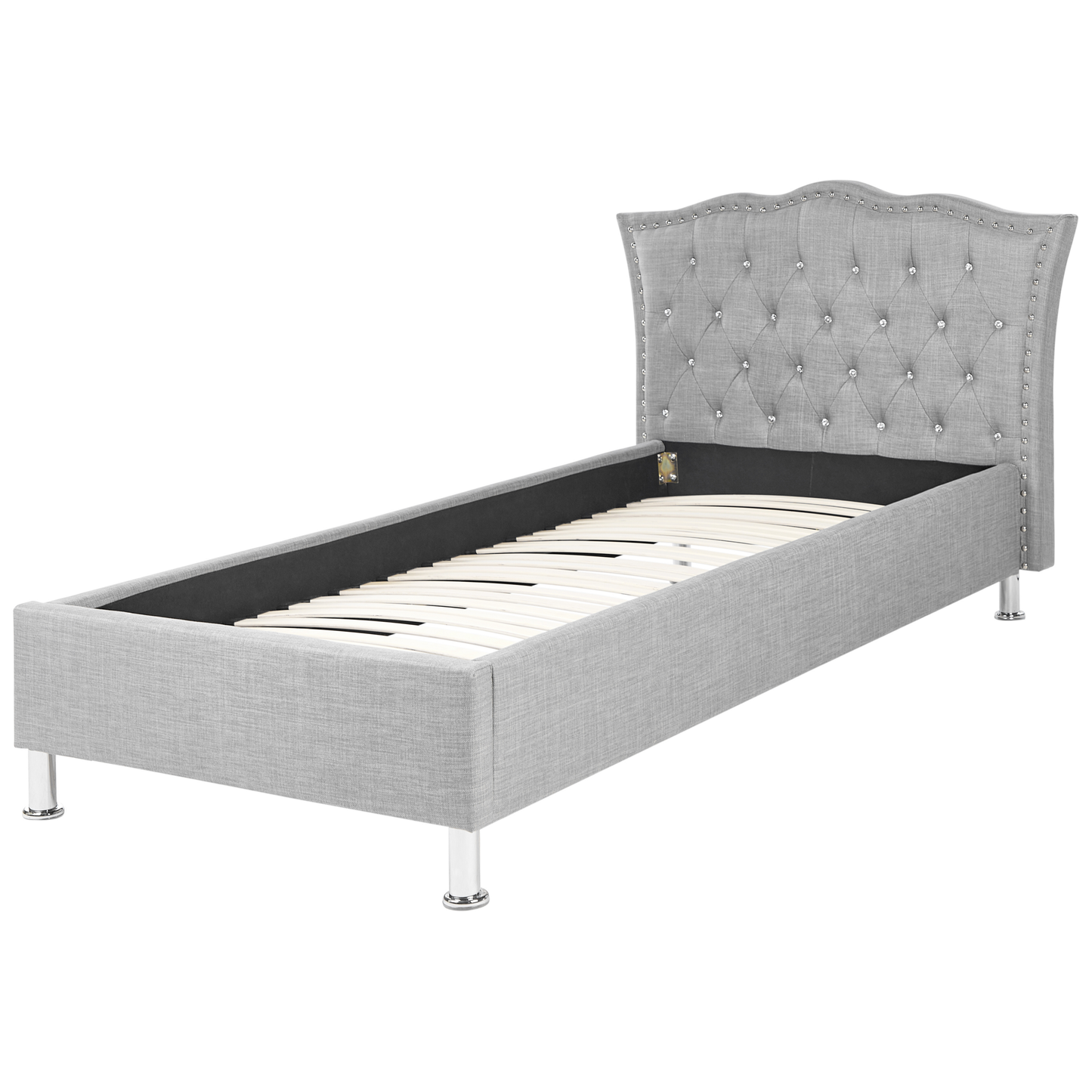 EU Single Size Bed Grey Fabric 3ft Upholstered Frame Nailhead Trim Crystal Button Tufted Headboard