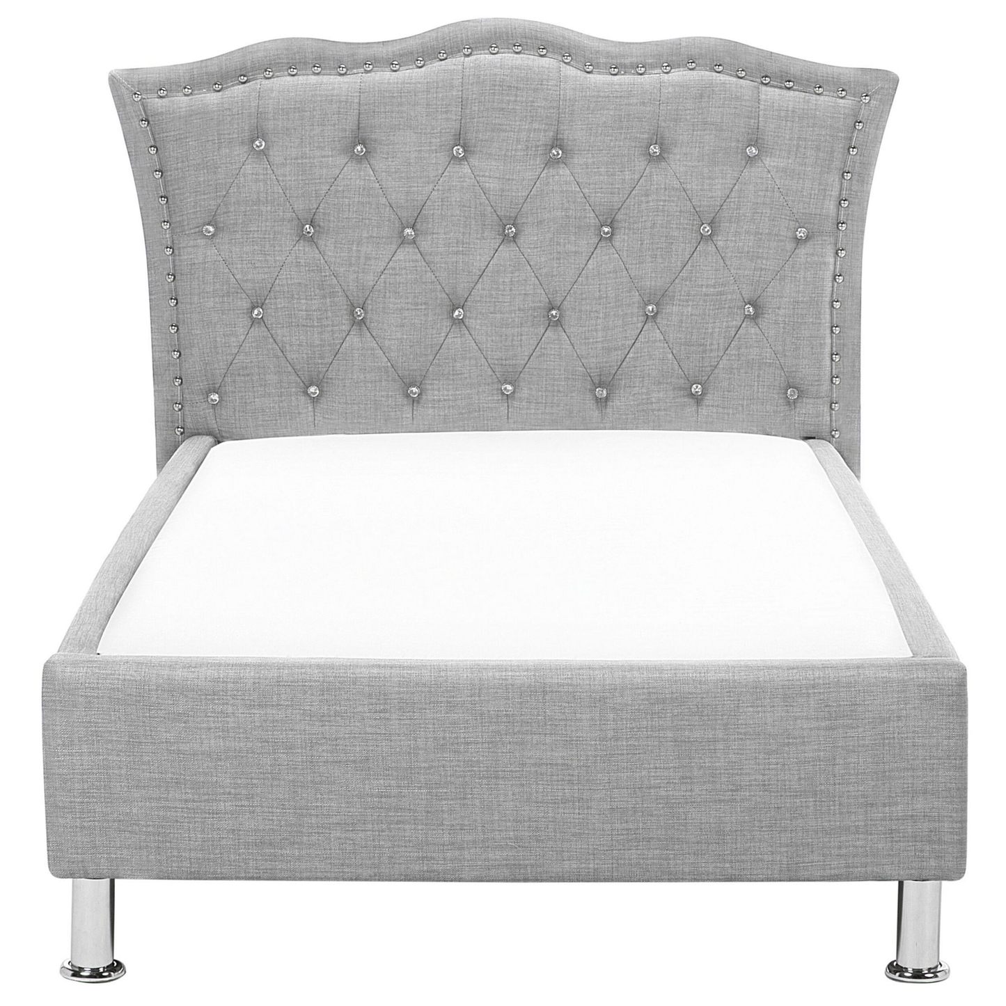 EU Single Size Bed Grey Fabric 3ft Upholstered Frame Nailhead Trim Crystal Button Tufted Headboard