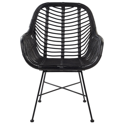 Black Rattan Armchair With Wicker Detailing And Black Metal Legs For Living Room