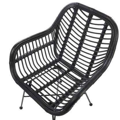 Black Rattan Armchair With Wicker Detailing And Black Metal Legs For Living Room