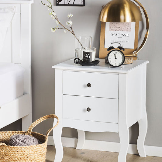 NordicNest Bedside Table White MDF 2 Drawers Curvy Cabriole Legs