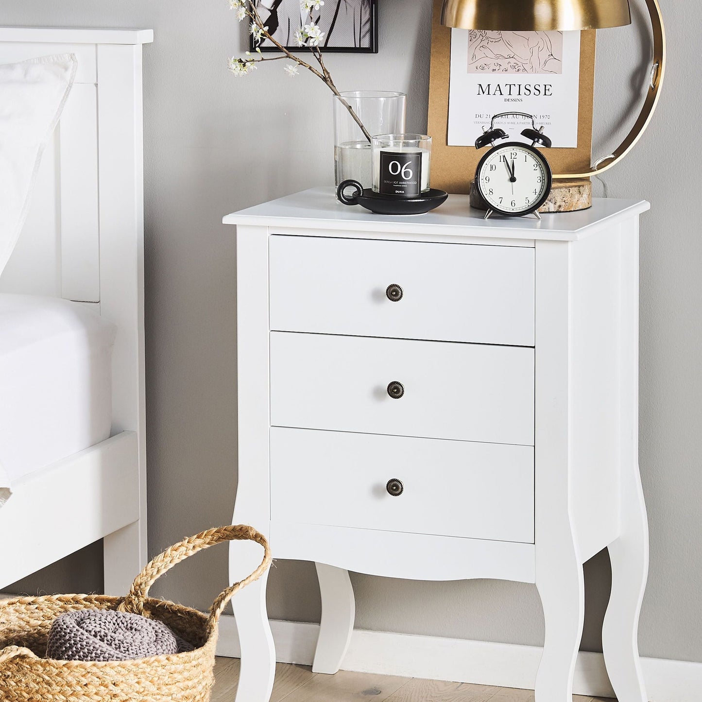 ScandiHome Bedside Table White MDF Three Drawer Cabriole Legs