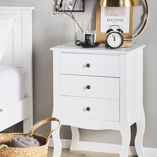 ScandiHome Bedside Table White MDF Three Drawer Cabriole Legs