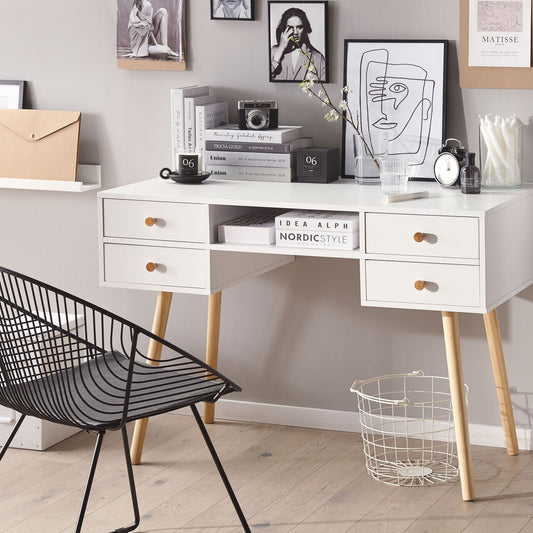 Home Office Desk White 4 Drawer With Solid Wood Legs