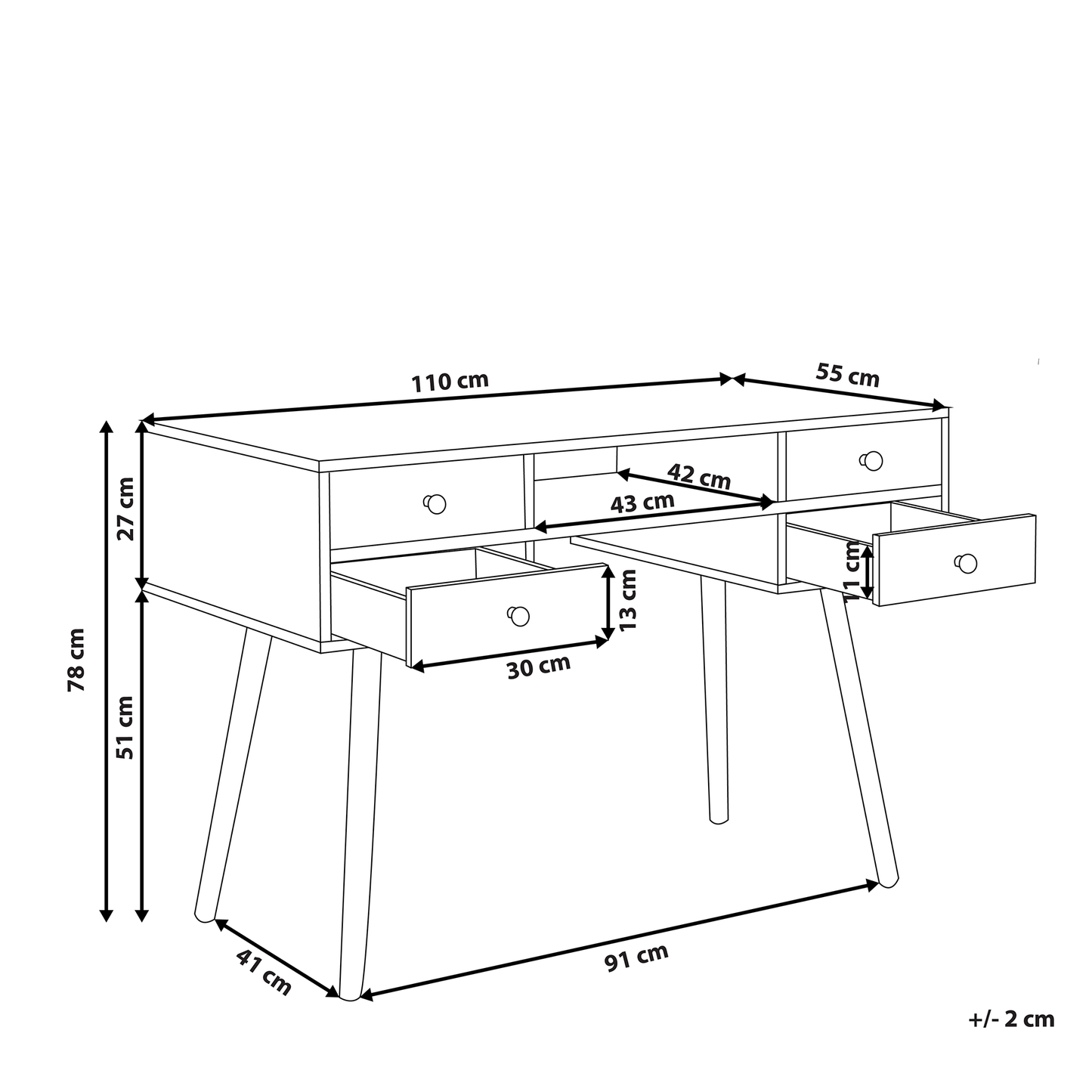 Home Office Desk White 4 Drawer With Solid Wood Legs