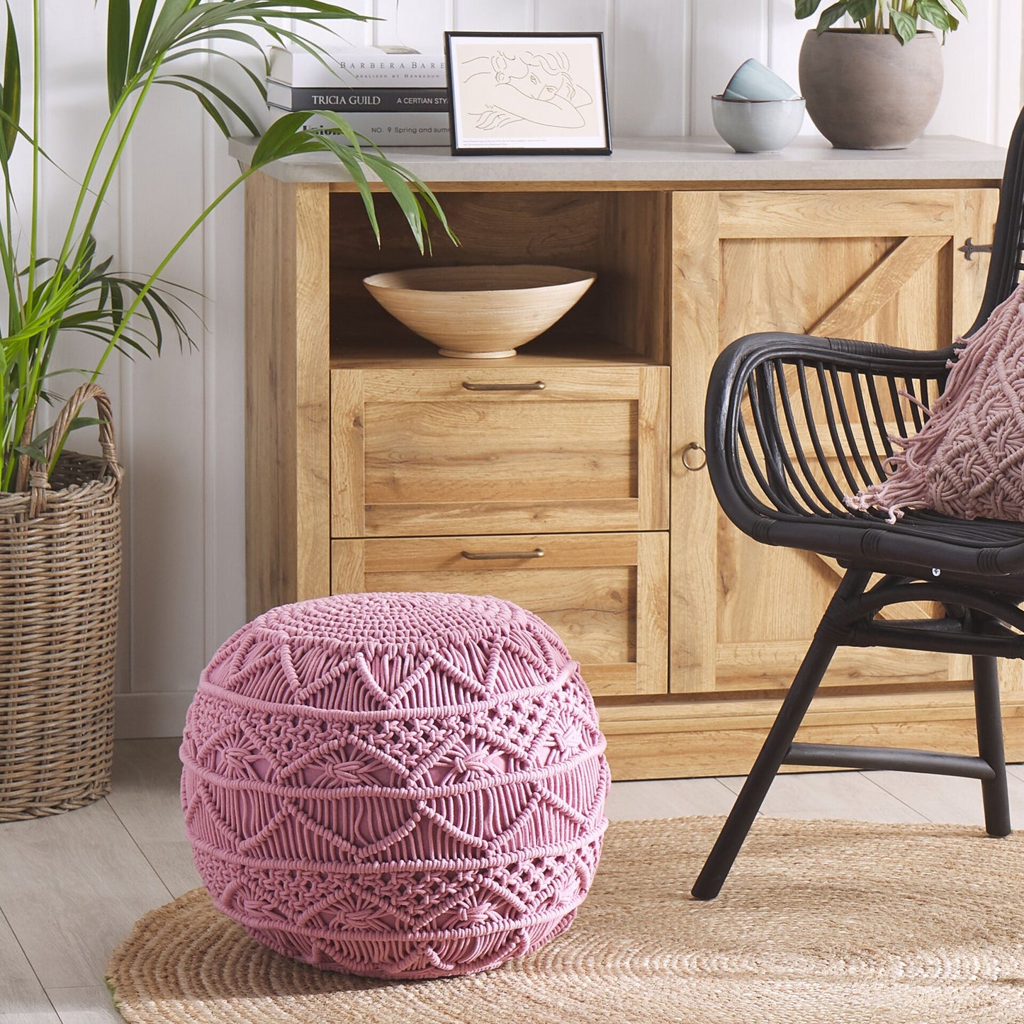 Pink Knitted Pouffe Cotton Chunky Crochet Round Footstool