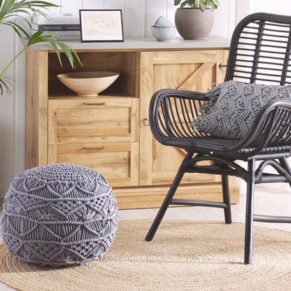 Knitted Pouffe Chunky Crochet Grey Cotton Round Footstool