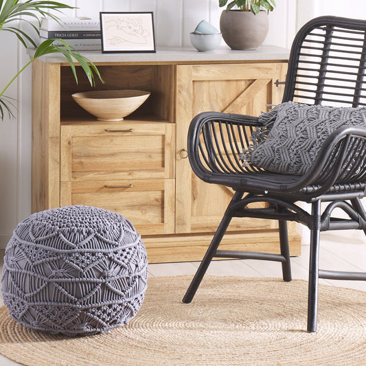 Knitted Pouffe Chunky Crochet Grey Cotton Round Footstool