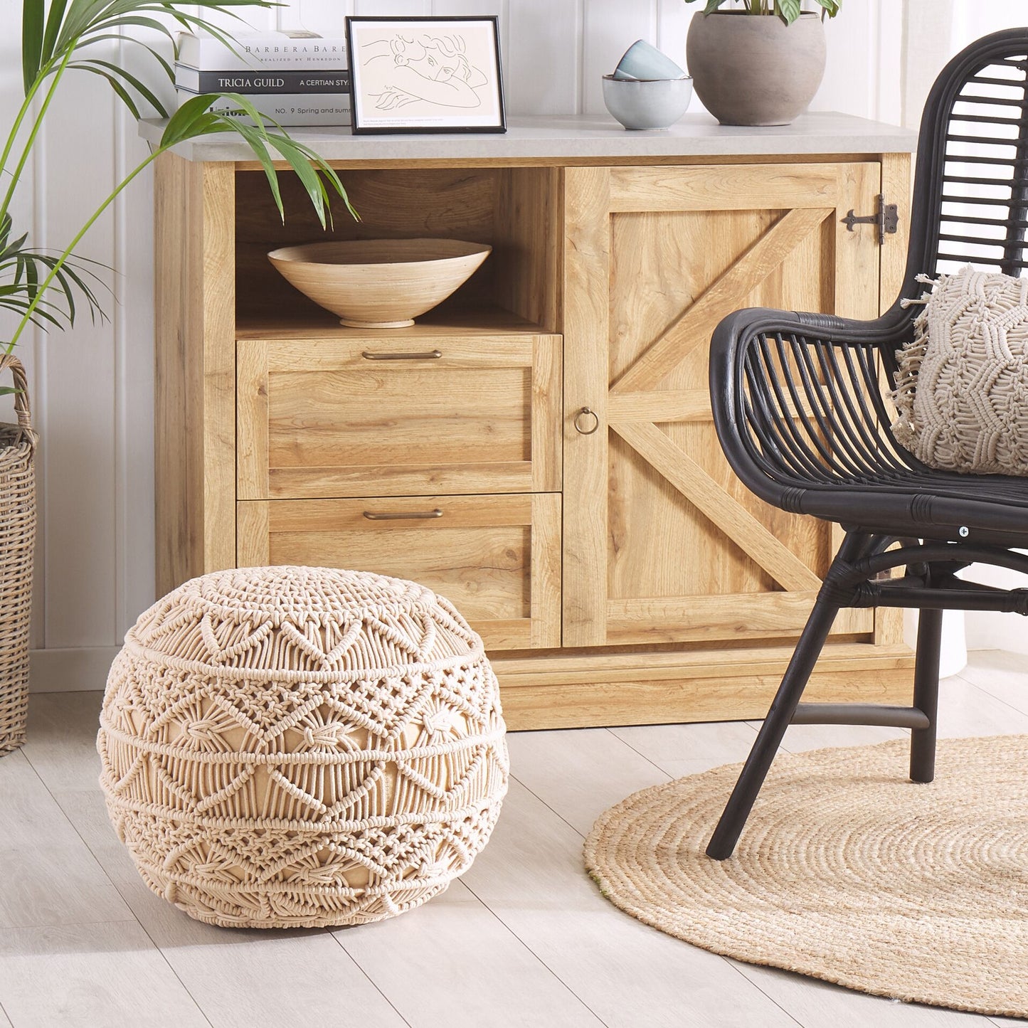 Knitted Pouffe Beige Cotton Chunky Crochet Footstool