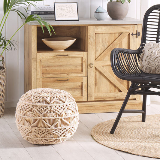 Knitted Pouffe Beige Cotton Chunky Crochet Footstool
