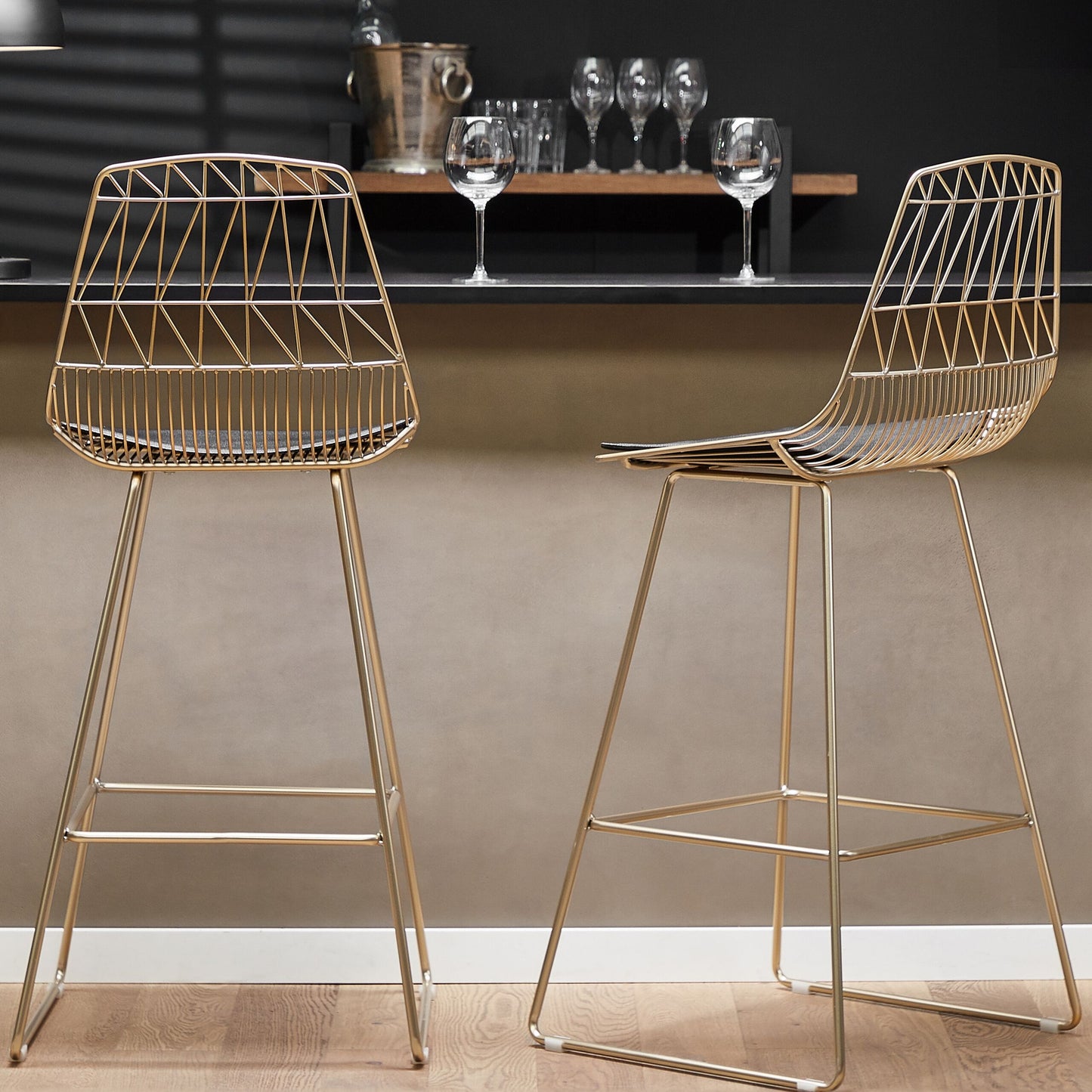 Gold Bar Chairs Set Of 2 With Faux Leather Seat Pads