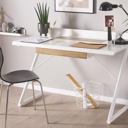 NordicHaven White And Light Wood Office Desk 120x60cm With Metal Legs