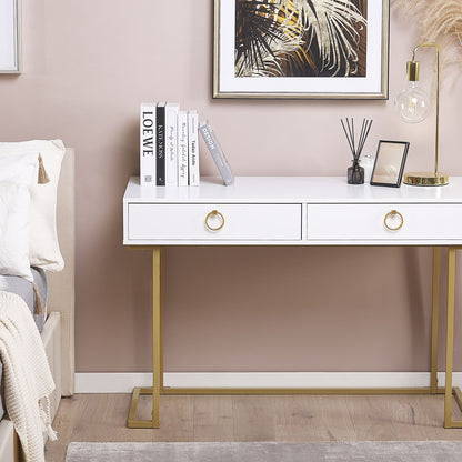 Console Table White 2 Drawers Gold Base 115 x 50cm