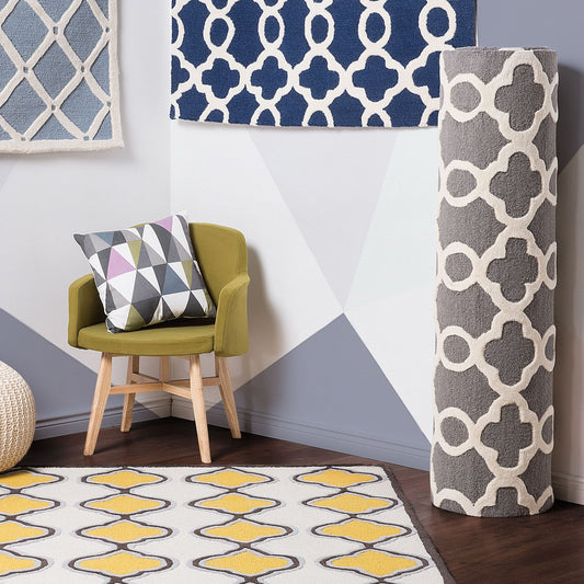 Grey Wool Rug 140 x 200cm Hand Tufted Trellis Quatrefoil