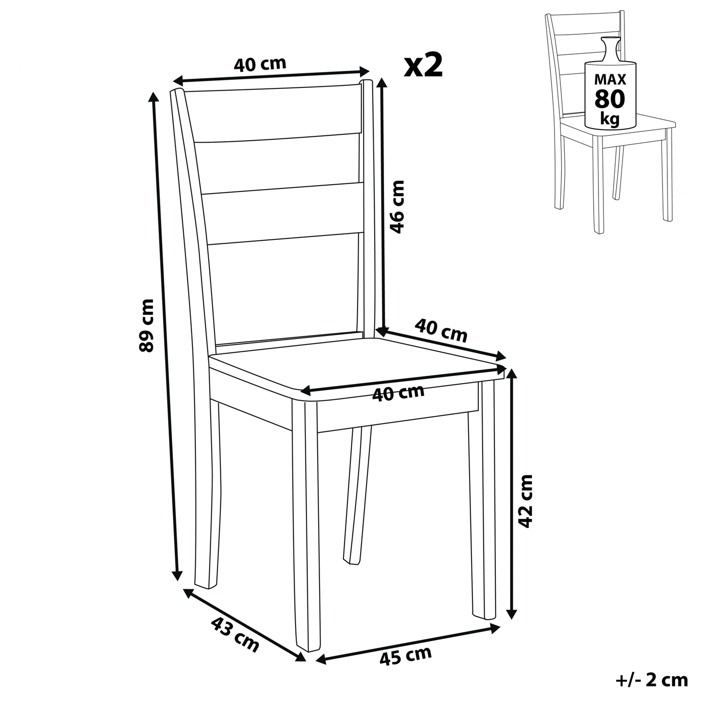 Set of 2 White Rubberwood Slat Back Dining Chairs Cottage Style