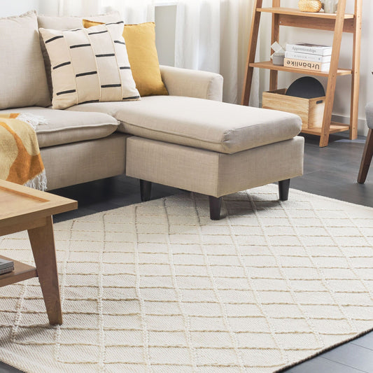 Handwoven Boho Wool Cotton Area Rug 140 x 200 Off White