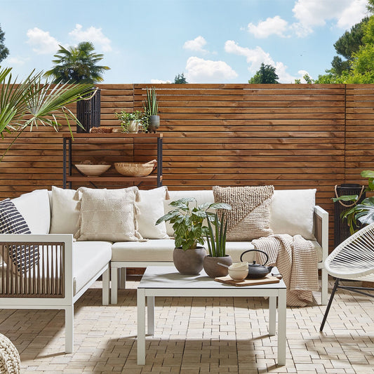Outdoor 4 Seater Aluminium Lounge Set With Coffee Table White And Brown Cushions Modern