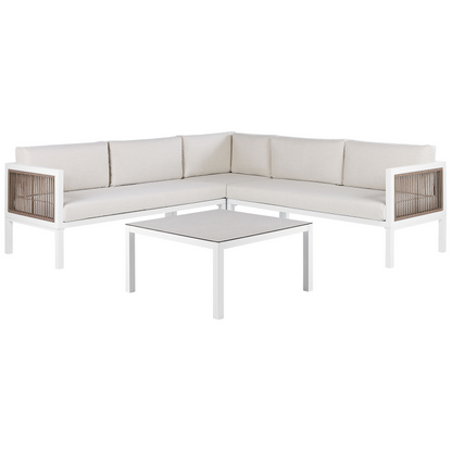 Outdoor 4 Seater Aluminium Lounge Set With Coffee Table White And Brown Cushions Modern