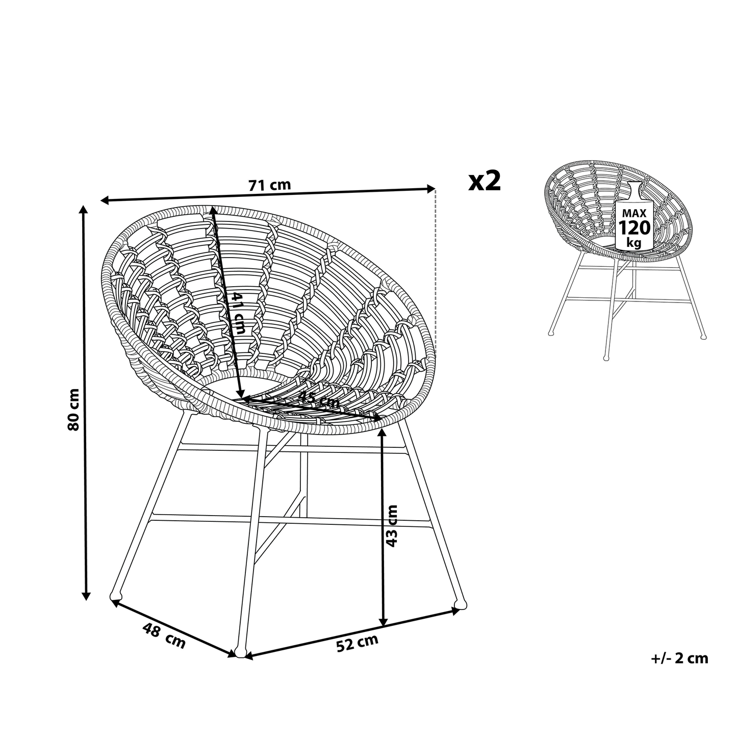 Garden Chairs Set Of 2 Light Brown PE Rattan With Metal Legs Round Boho Design