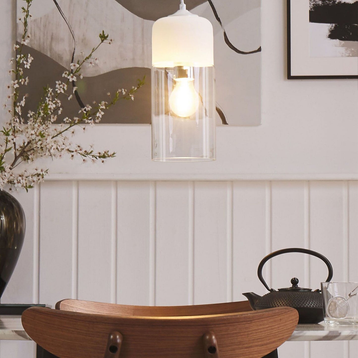 Hanging Light Pendant Lamp White Transparent Glass Shade Geometric Cylindrical Modern Design