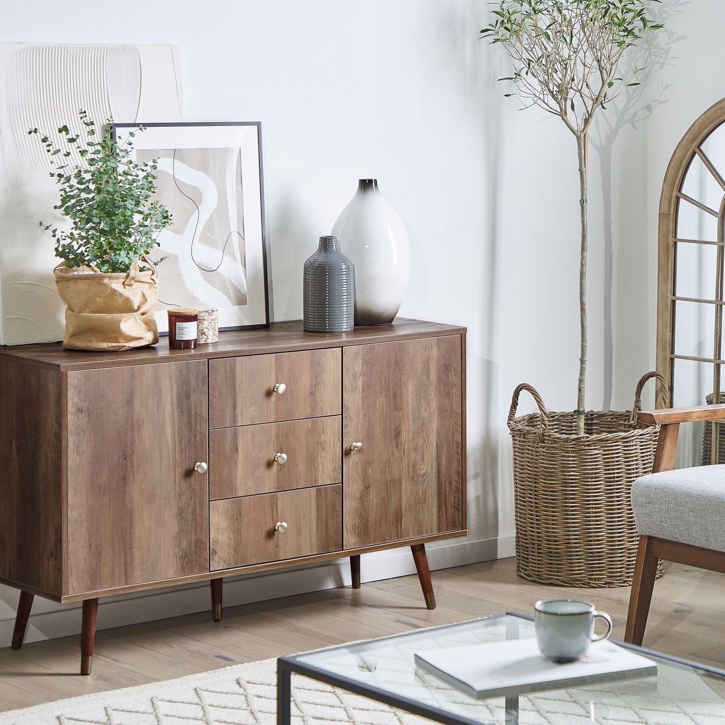 Rustic Dark Oak Sideboard 2 Door 3 Drawer Storage Cabinet With Slim Wooden Legs