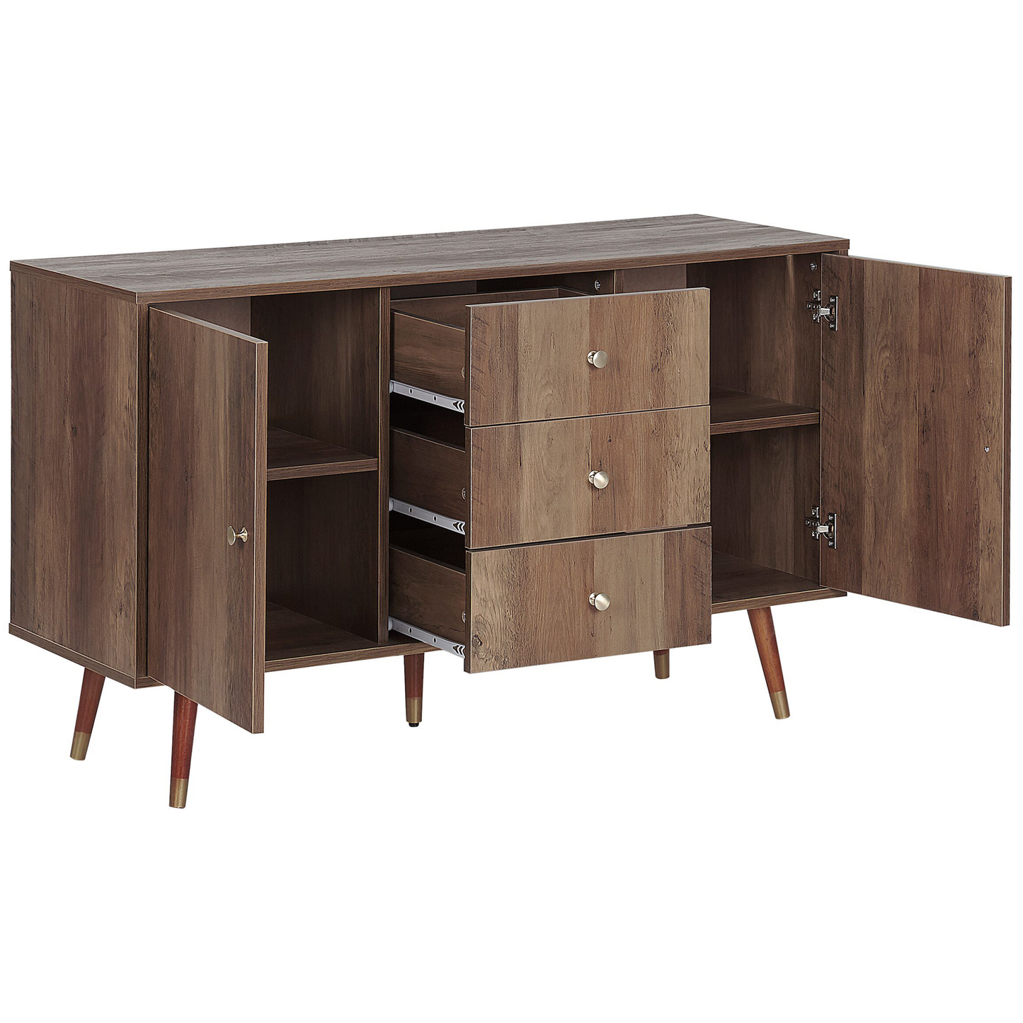 Rustic Dark Oak Sideboard 2 Door 3 Drawer Storage Cabinet With Slim Wooden Legs