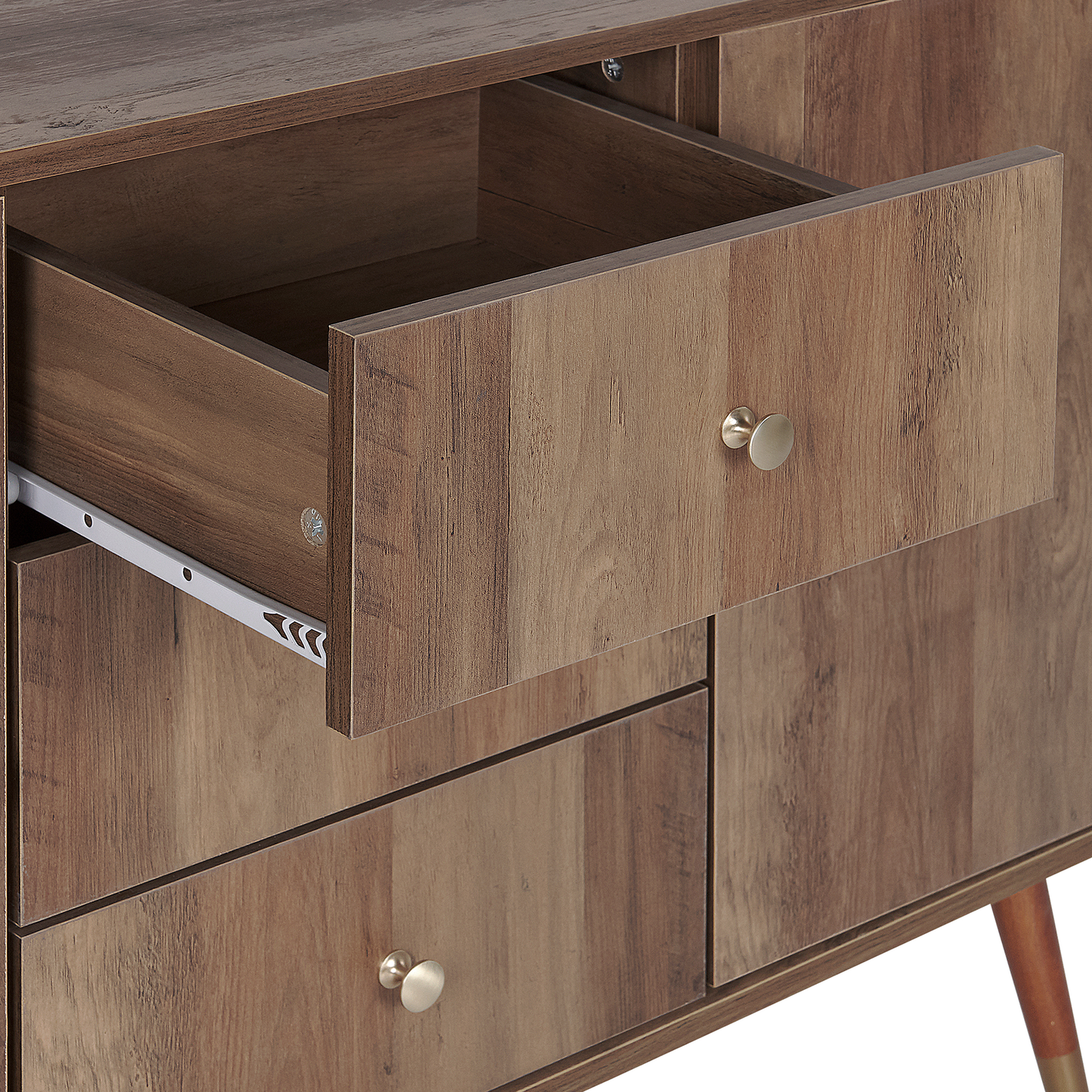 Rustic Dark Oak Sideboard 2 Door 3 Drawer Storage Cabinet With Slim Wooden Legs