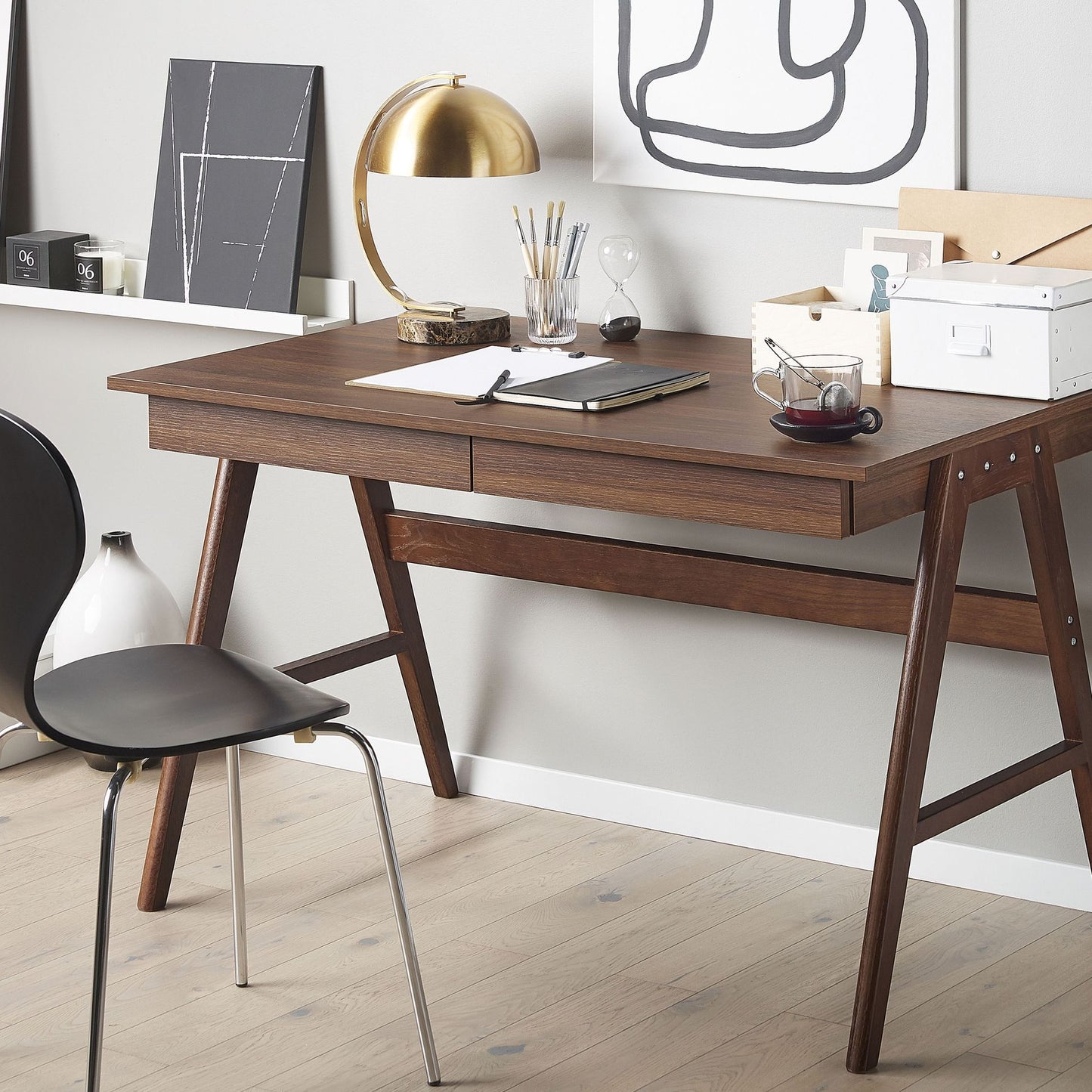 Office Desk Dark Brown Walnut 120 x 70cm 2 Drawers Workstation