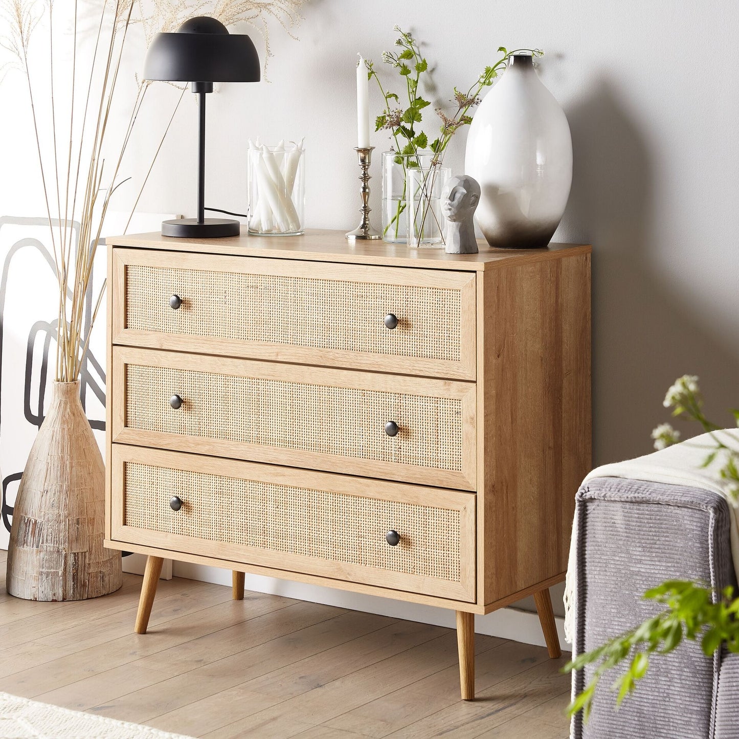 Ponca Rattan 3 Drawer Chest With Wicker Front Light Brown 90 x 79cm