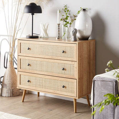 Ponca Rattan 3 Drawer Chest With Wicker Front Light Brown 90 x 79cm