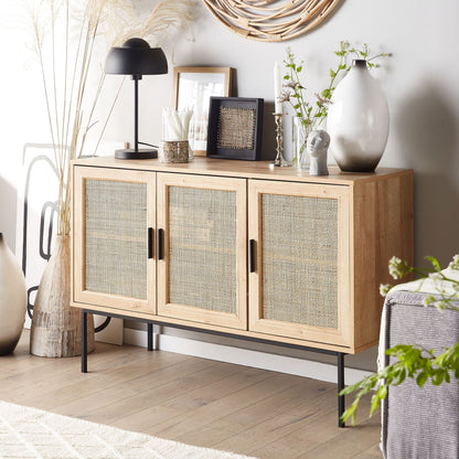 3 Door Sideboard With Natural Rattan Front 76 x 120cm Light Brown Metal Legs