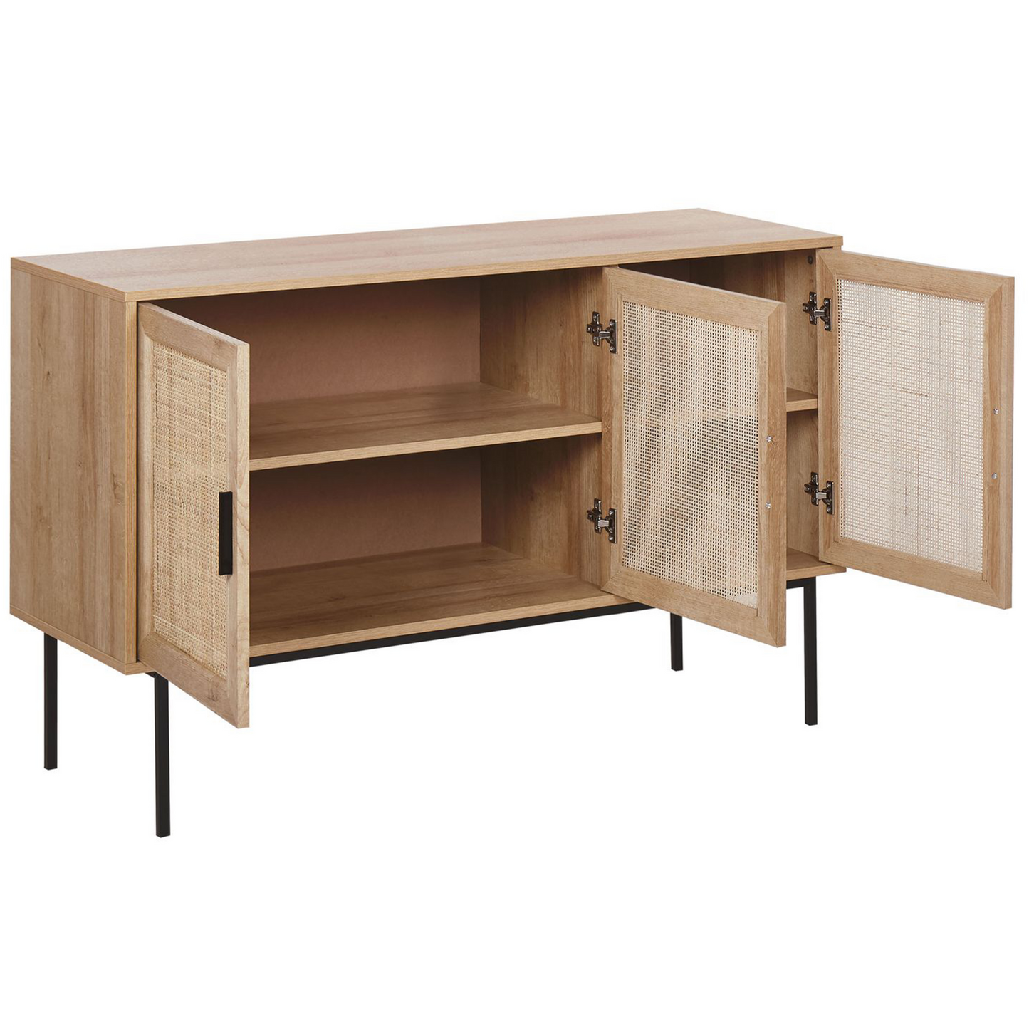 3 Door Sideboard With Natural Rattan Front 76 x 120cm Light Brown Metal Legs