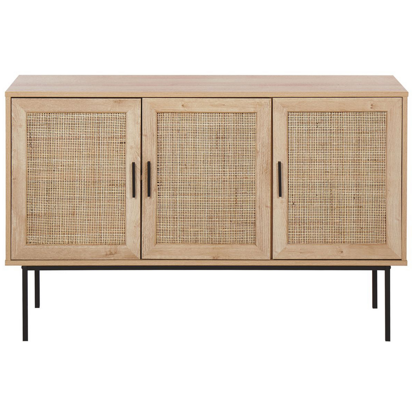 3 Door Sideboard With Natural Rattan Front 76 x 120cm Light Brown Metal Legs