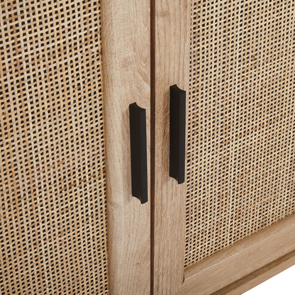 3 Door Sideboard With Natural Rattan Front 76 x 120cm Light Brown Metal Legs