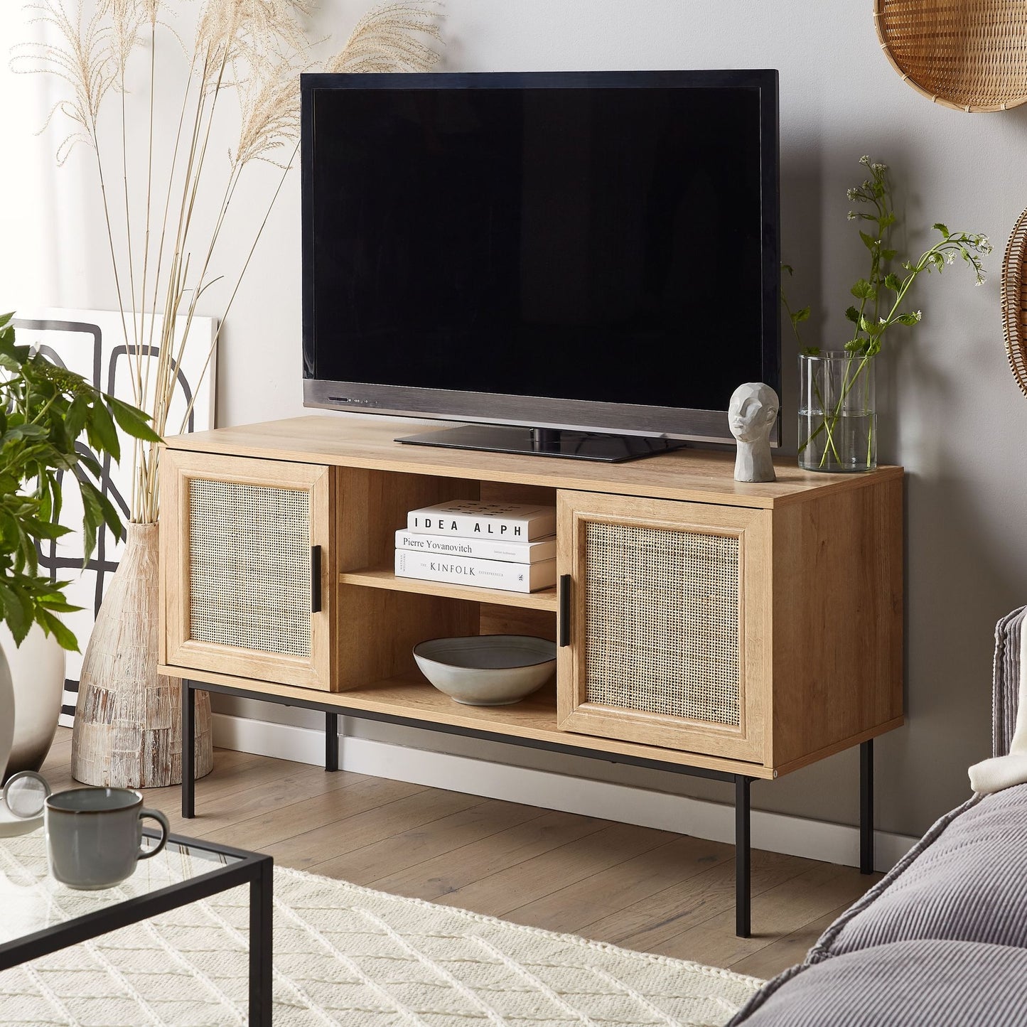 2 Door TV Stand Natural Rattan Front 120 x 63cm